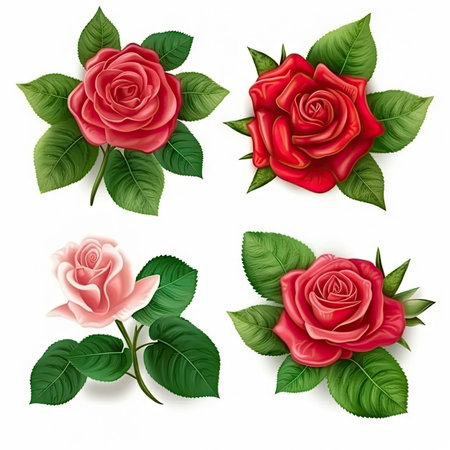 Set of rose with leaves on white backgroundの素材