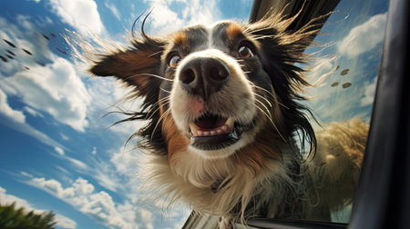 dog looks out of car windowの素材