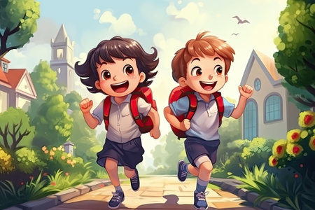 Cartoon character of kids go to school, happy, back to school conceptの素材