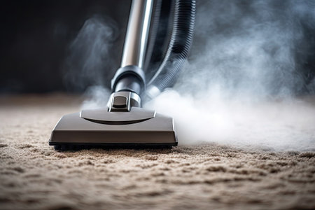 Cleaning service concept, steam cleaner removes dirt from carpet in closeup plainの素材