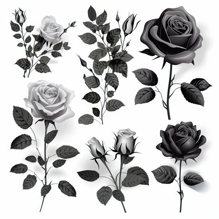 Set of rose with leaves, Flower silhoutte on white backgroundの素材