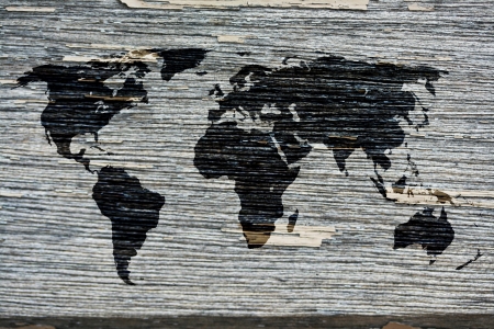 Grunge white color on wood texture background and has world map on itの写真素材