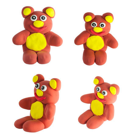 Set of cute brown bear made from plasticine with clipping path on whoteの写真素材
