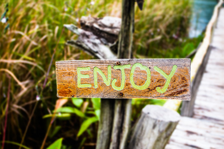 Wood enjoy sign in natureの写真素材