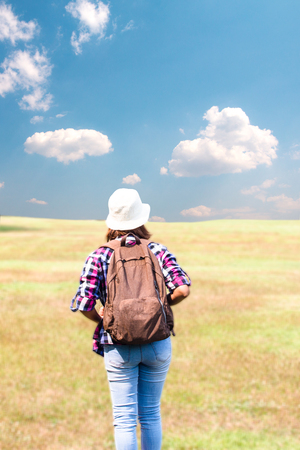 Asian traveller  backpacker  woman walk in the parkの写真素材