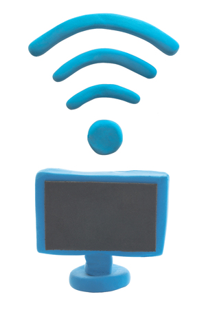 Plasticine blue Monitor Computer with blue wifi signalの写真素材