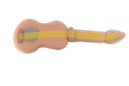 Plasticine brown guitar on white background