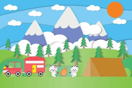 Happy Bear in camping car travel natureのイラスト素材