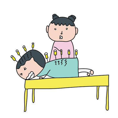 Young Asian doctor woman treatment pain or office syndome or backpain by acupuncture doodle art styleのイラスト素材