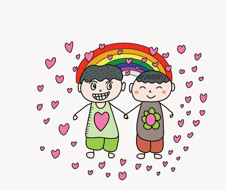 colorful Lovely male gay holding hand doodle art style designのイラスト素材