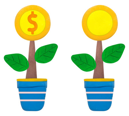 Golden Dollar money coin tree Concept investment growth , business , finance , made from plasticine sculpture technic on white backgroundの写真素材