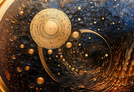 Magnificent mathematical art, kaleidoscope design, and glossy dot work in gold, blue-yellow, and blackness
Mysterious psychedelic pattern. Fractal abstract texture. Generative AIの素材