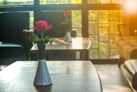 Pink roses on the table, the concept of love and hearts on Valentine's Day.の写真素材
