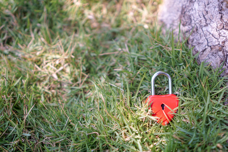 Key red hearts on the lawn, the concept of love and Valentine's Day.