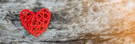 Banner size,Red heart on old wooden floorの写真素材