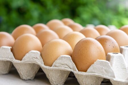 Many eggs on the tray are waiting to cook.