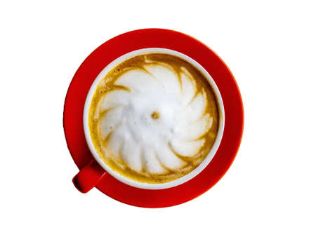 Fresh coffee cappuccino red cup on white backgroundの写真素材