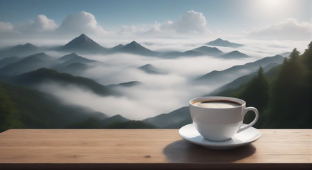 Coffee cup on wooden table over beautiful mountain landscape background,generative AIの素材