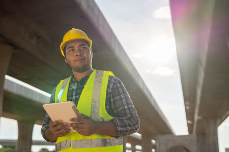 Asian engineering inspected the structure road construction work at road construction.の写真素材