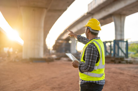 A civil engineer or supervise inspected the structure road at new road construction.の写真素材