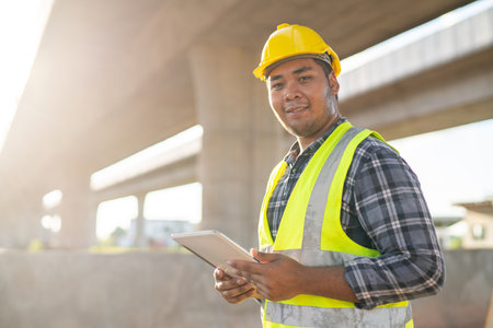 Asian engineering inspected the structure road construction work at road construction.の写真素材