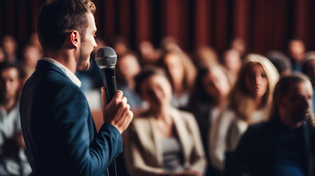 A male speaker with microphone in front of audiences. Comedy music and theater live performance. Seminar or Conference.の素材