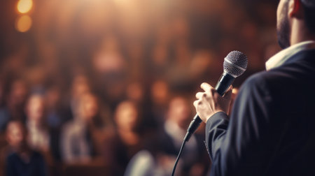 A male speaker with microphone in front of audiences. Comedy music and theater live performance. Seminar or Conference.の素材