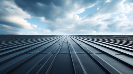 Black Roof metal sheet with a sky with clouds background.の素材