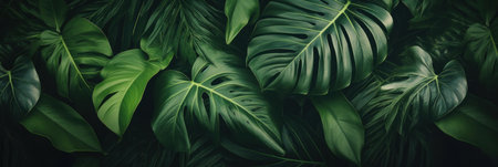 Green leaves, Dark green tropical leaves ( monstera, palm, coconut leaf, fern, palm leaf,bananaleaf) background. Nature.の素材