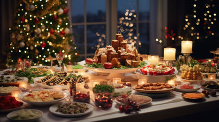 A dinner table full of dishes with food and snacks, Christmas and New Year's decor with a Christmas tree on the background.の素材