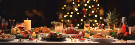 A dinner table full of dishes with food and snacks, Christmas and New Year's decor with a Christmas tree on the background.の素材