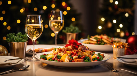 A dinner table full of dishes with food and snacks, Christmas and New Year's decor with a Christmas tree on the background.の素材