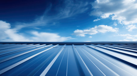 a Roof metal sheet with a blue sky with clouds.の素材