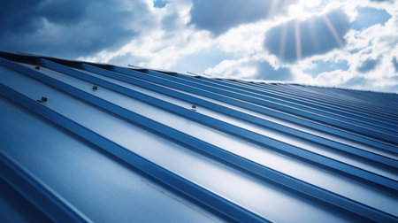 a Roof metal sheet with a blue sky with clouds.の素材