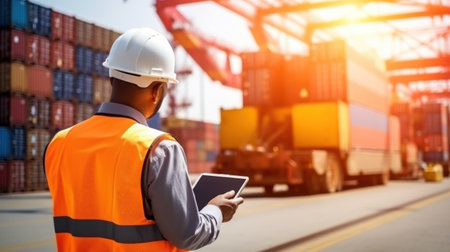 Engineer and tablet at Containers yard from Cargo freight ship for import export, Transportation concept Import and export.の素材