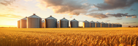 Silos in wheat field. Storage of wheat production.の素材