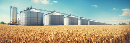 Silos in wheat field. Storage of wheat production.の素材