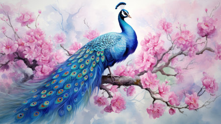 A beautiful peacock painted with watercolor with flowers.の素材