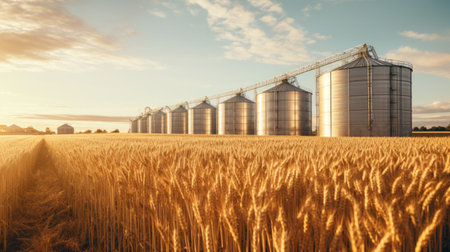 Silos in wheat field. Storage of wheat production.の素材