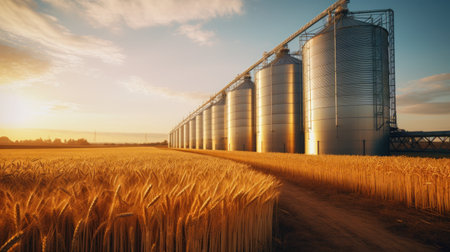 Silos in wheat field. Storage of wheat production.の素材