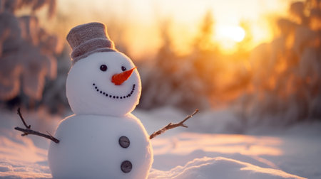 a smiling snowman at a winter sunset.の素材