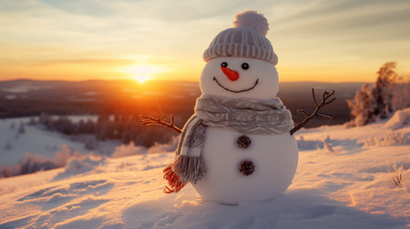 a smiling snowman at a winter sunset.の素材