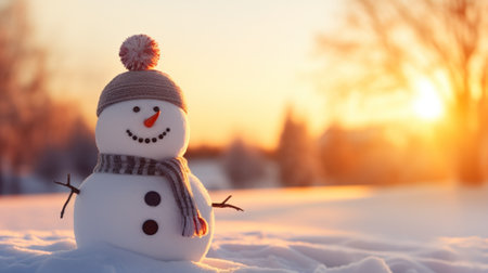 a smiling snowman at a winter sunset.の素材
