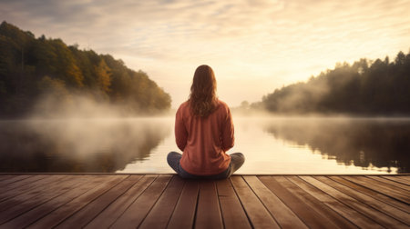 a young woman meditating on a wooden pier on the edge of a lake. mental health concept.の素材