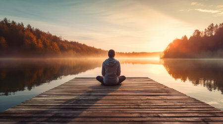 a young woman meditating on a wooden pier on the edge of a lake. mental health concept.の素材