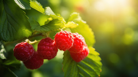 Close-up raspberry plant with ripe red raspberries in orchard.の素材