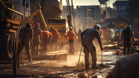 Construction workers control a pouring concrete pump on construction site.の素材