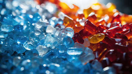 Recycled crushed plastic granules turned into new reused material.の素材