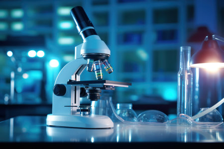 A microscope with lab glassware in modern medical laboratory.の素材
