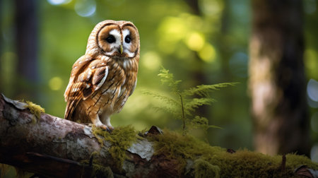 A tawny owl perched in forest.の素材
